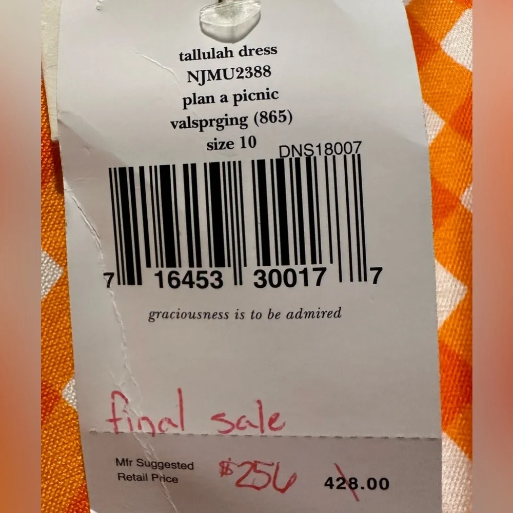 NWT Kate Spade Sleeveless Talulah Orange Gingham A-line Dress